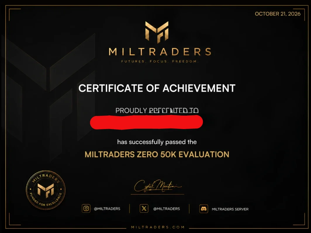 Certificat Miltraders : évaluation Zero 50K réussie, le 21 octobre 2026. Nom barré.