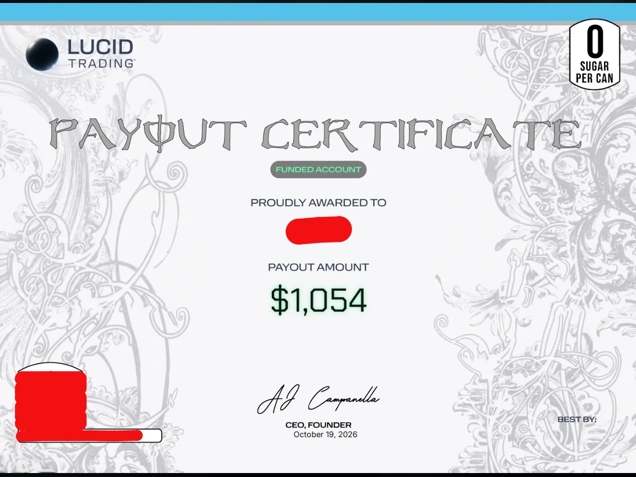Certificat de paiement Lucid Trading, compte financé : 1 054 $, le 19 octobre 2026. Nom et QR code barrés.