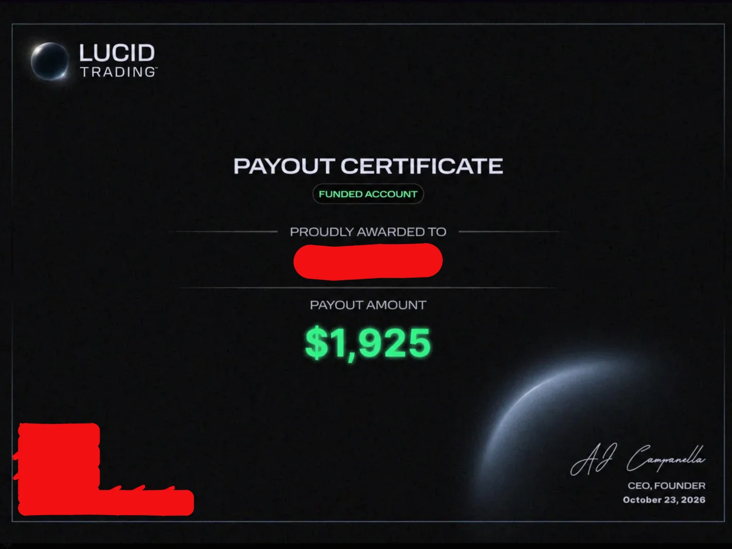 Certificat de paiement Lucid Trading, compte financé : 1 925 $, le 23 octobre 2026. Nom et QR code barrés.